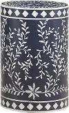 Clearance Royal Blue Round Drum Accent Table with White Vine Detailing