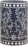 Royal Blue Round Drum Accent Table with White Vine Detailing
