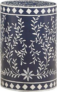 Royal Blue Round Drum Accent Table with White Vine Detailing
