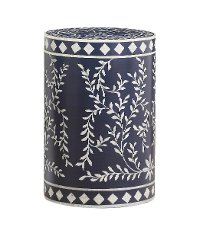 Royal Blue Round Drum Accent Table with White Vine Detailing-2