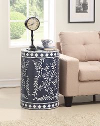 Royal Blue Round Drum Accent Table with White Vine Detailing-3