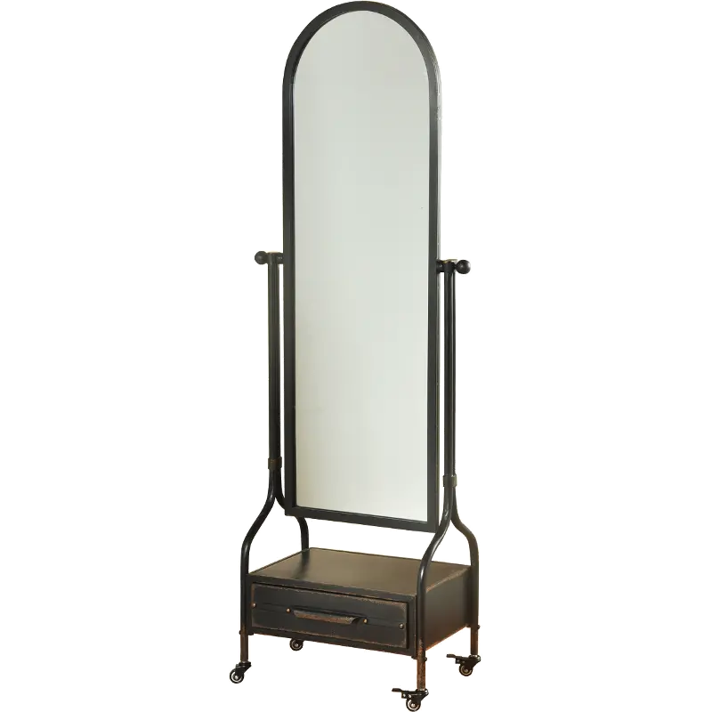 Blackened Gray Galvanized Cheval Mirror With Storage Drawer