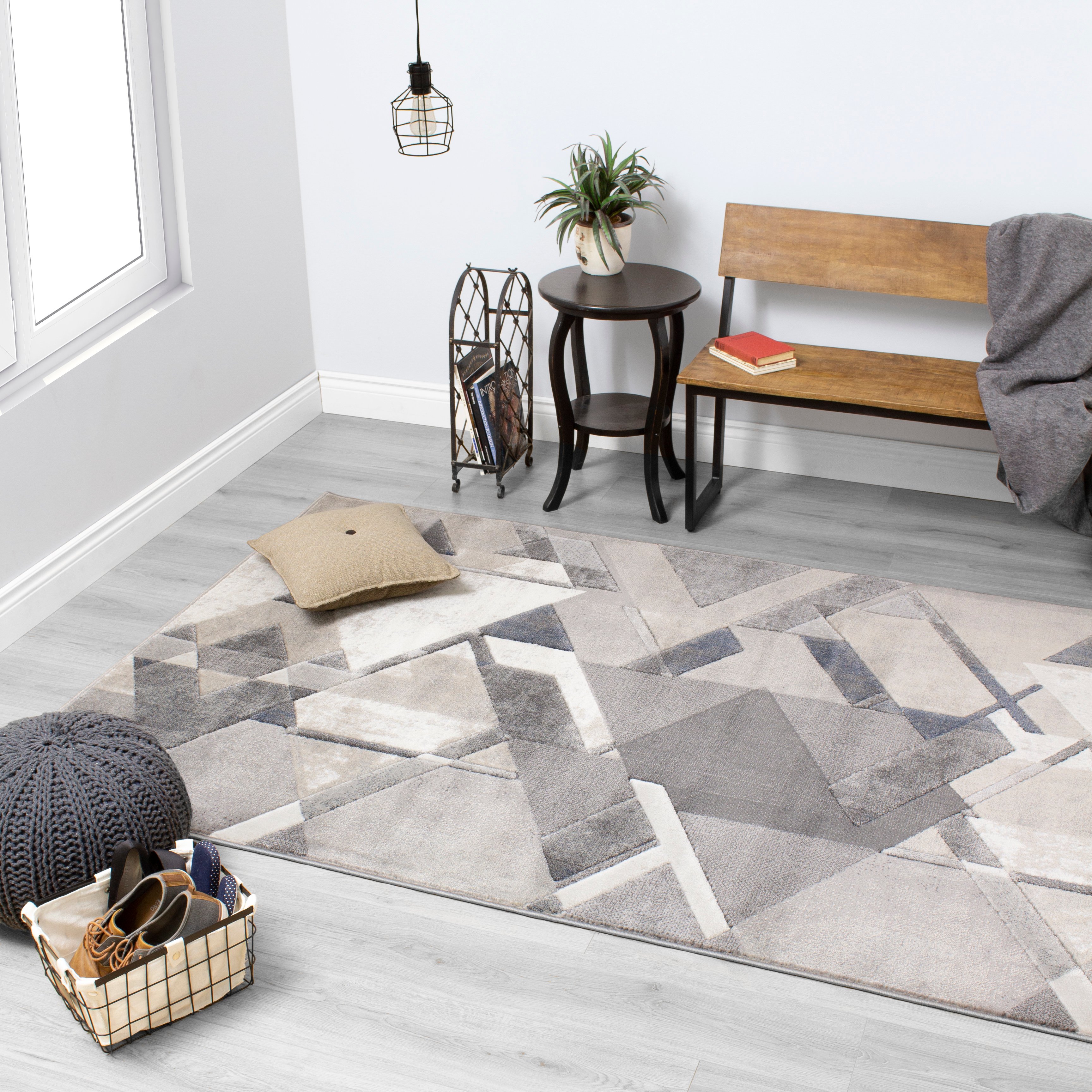 5 x 8 Medium Gray, Blue, Charcoal, and Cream Area Rug - Alida-2