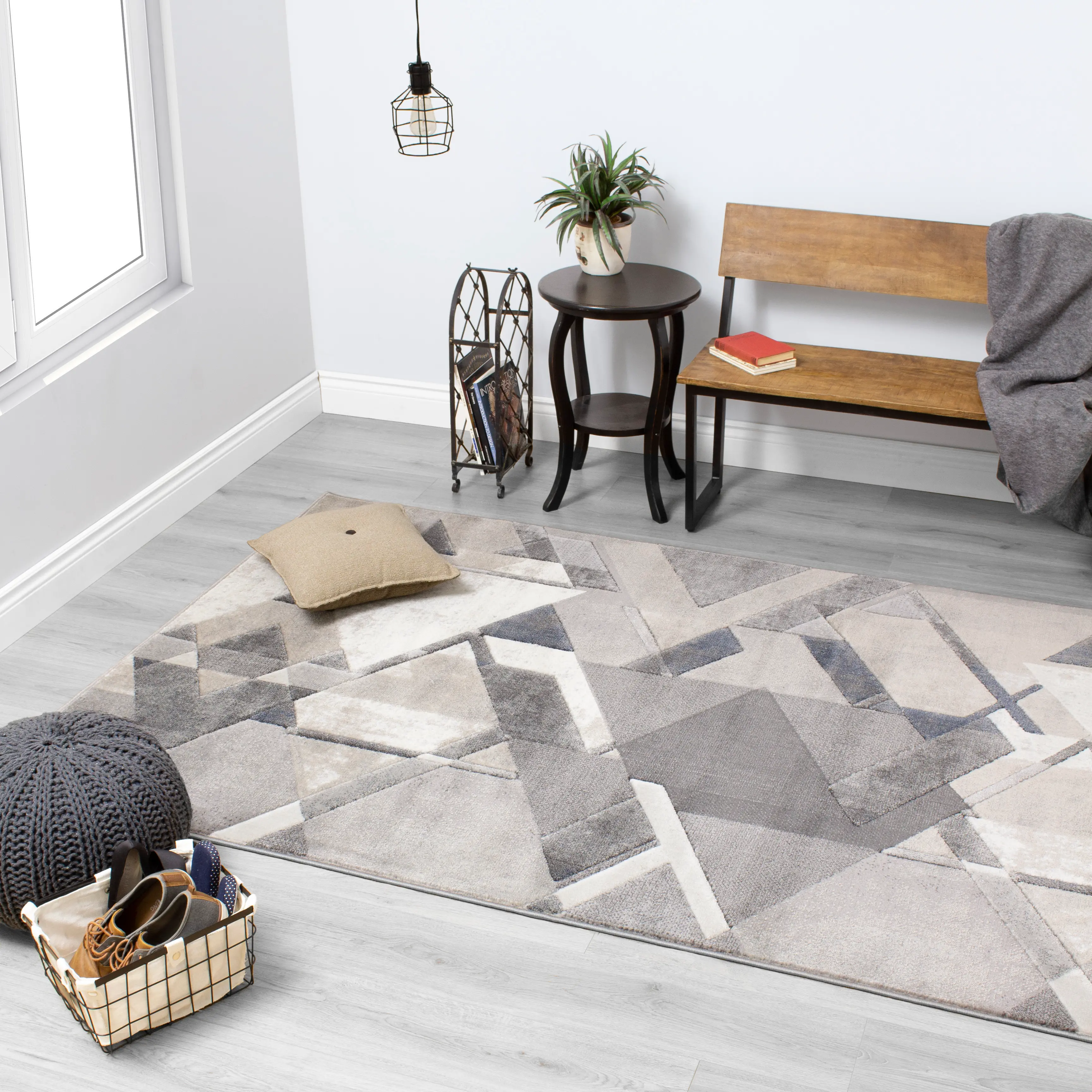 5 x 8 Medium Gray, Blue, Charcoal, and Cream Area Rug - Alida-2