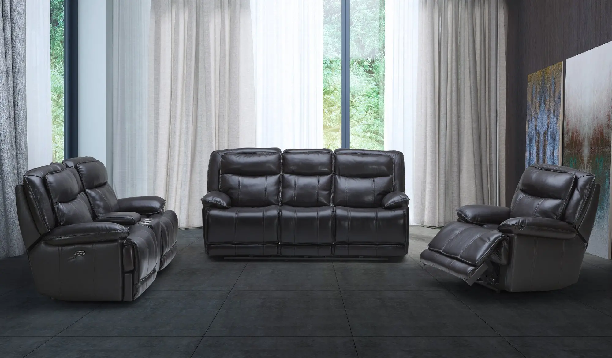Triple Play Black Leather-Match Power Gliding Reclining Loveseat with Console-4