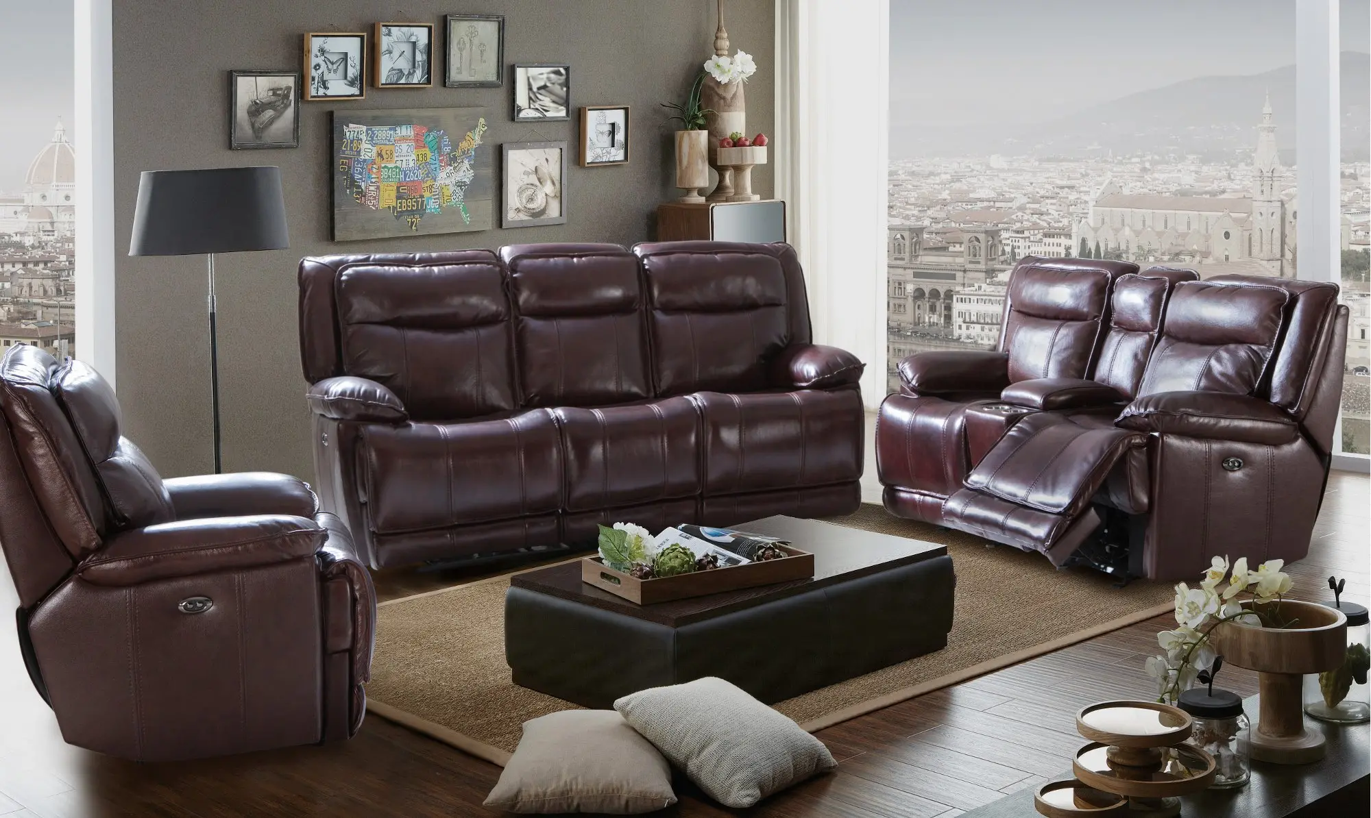 Triple Play Burgundy Leather-Match Power Recliner-3