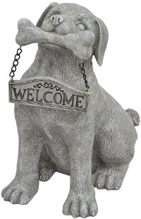 Cement Gray Outdoor Dog with Bone and Welcome Sign