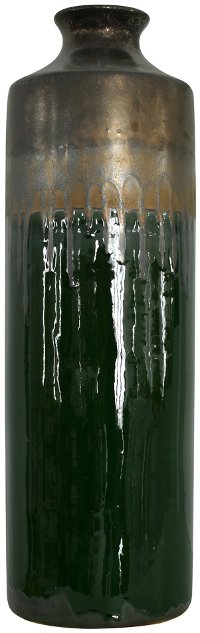 23 Inch Emerald Green and Bronze Drip Ceramic Vase