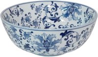 13 Inch White and Blue Floral Ceramic Bowl