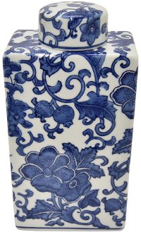 9 Inch White Ceramic Jar with Blue Floral Pattern