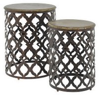Metal Quatrefoil Round and Wooden Top Tables - Set of 2