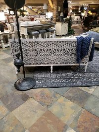 Blue Geometric Patterned Settee with Exposed Wood Frame - Jocelyn-4