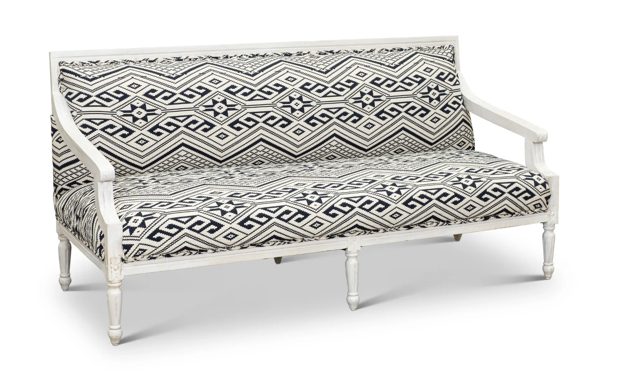 Jocelyn Blue Geometric Patterned Settee with Exposed Wood Frame-1