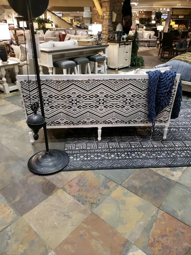 Jocelyn Blue Geometric Patterned Settee with Exposed Wood Frame-4