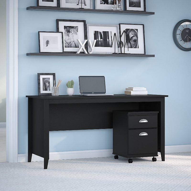 Kathy Ireland Black Suede Writing Desk With 2 Drawer Mobile File