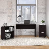Espresso Oak Small Desk with Mobile File Cabinet and Bookcase - Office Complete