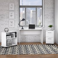 Pure White Small Desk with Mobile File Cabinet and Bookcase - Office Complete
