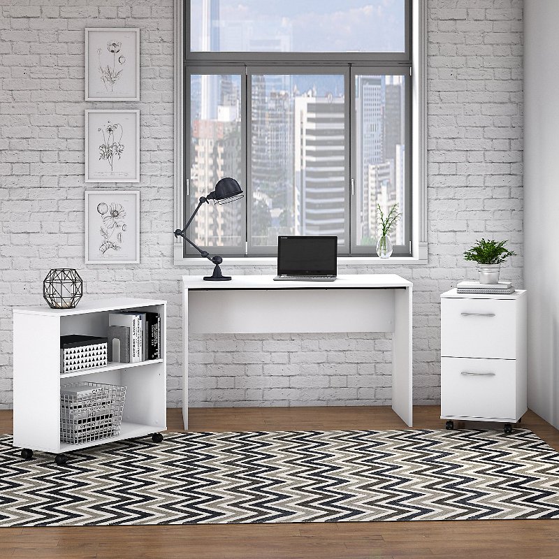 Pure White Small Desk With Mobile File Cabinet And Bookcase