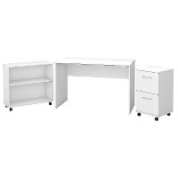 Pure White Small Desk with Mobile File Cabinet and Bookcase - Office Complete-2