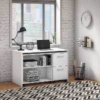 Pure White Small Desk with Mobile File Cabinet and Bookcase - Office Complete-3