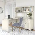 SAL004AW Salinas Antique White L Shaped Pedestal Desk with Hutch - Bush Furniture