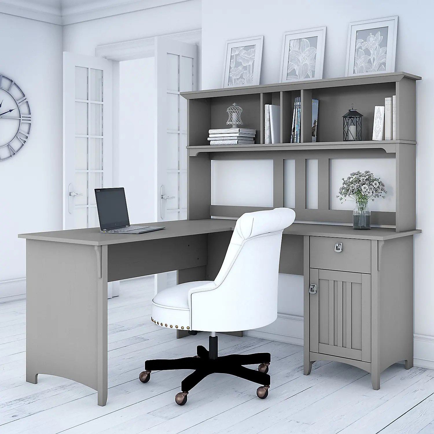 SAL004CG Salinas Cape Cod Gray L Shaped Pedestal Desk with Hutch-2