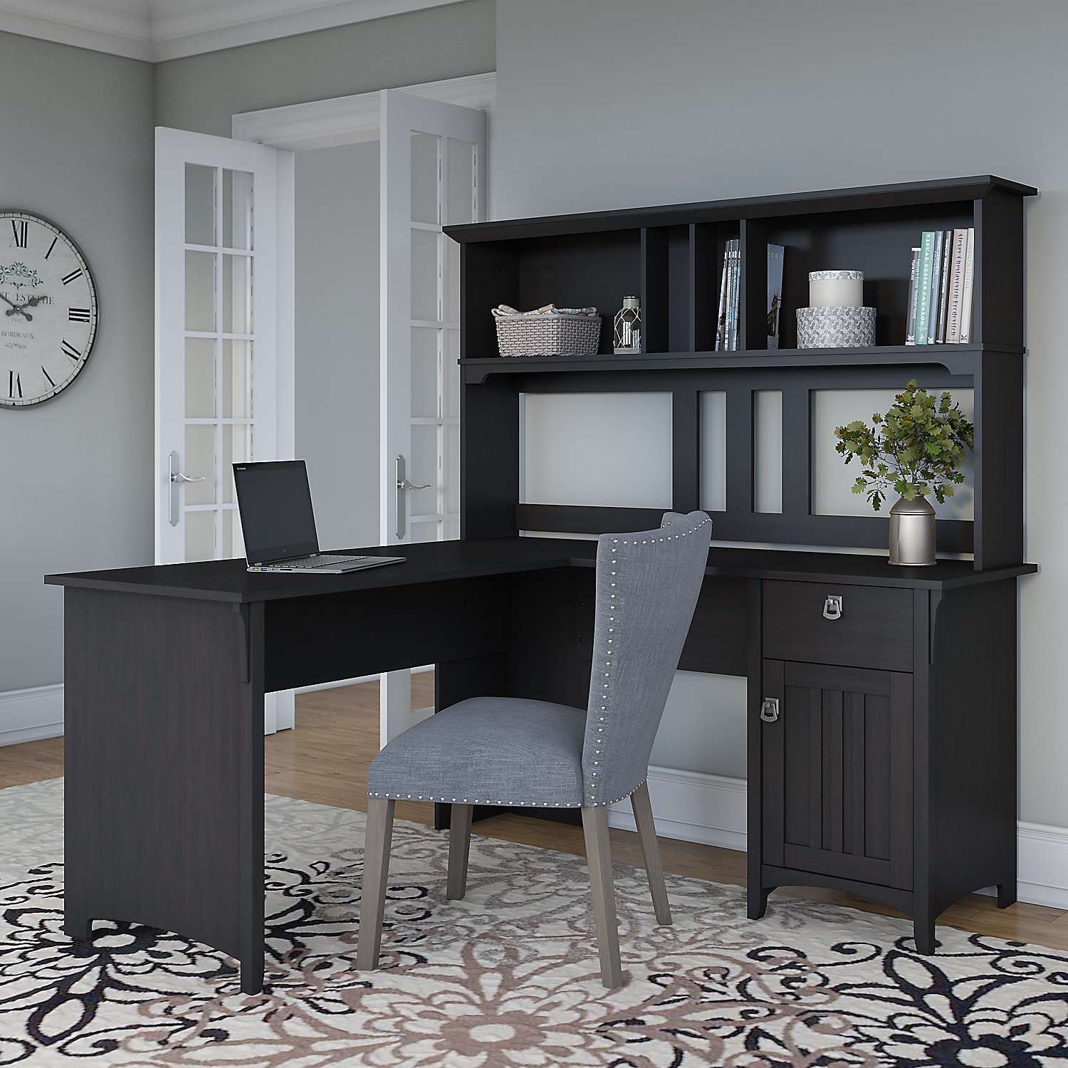 Salinas Vintage Black L Shaped Pedestal Desk with Hutch-2