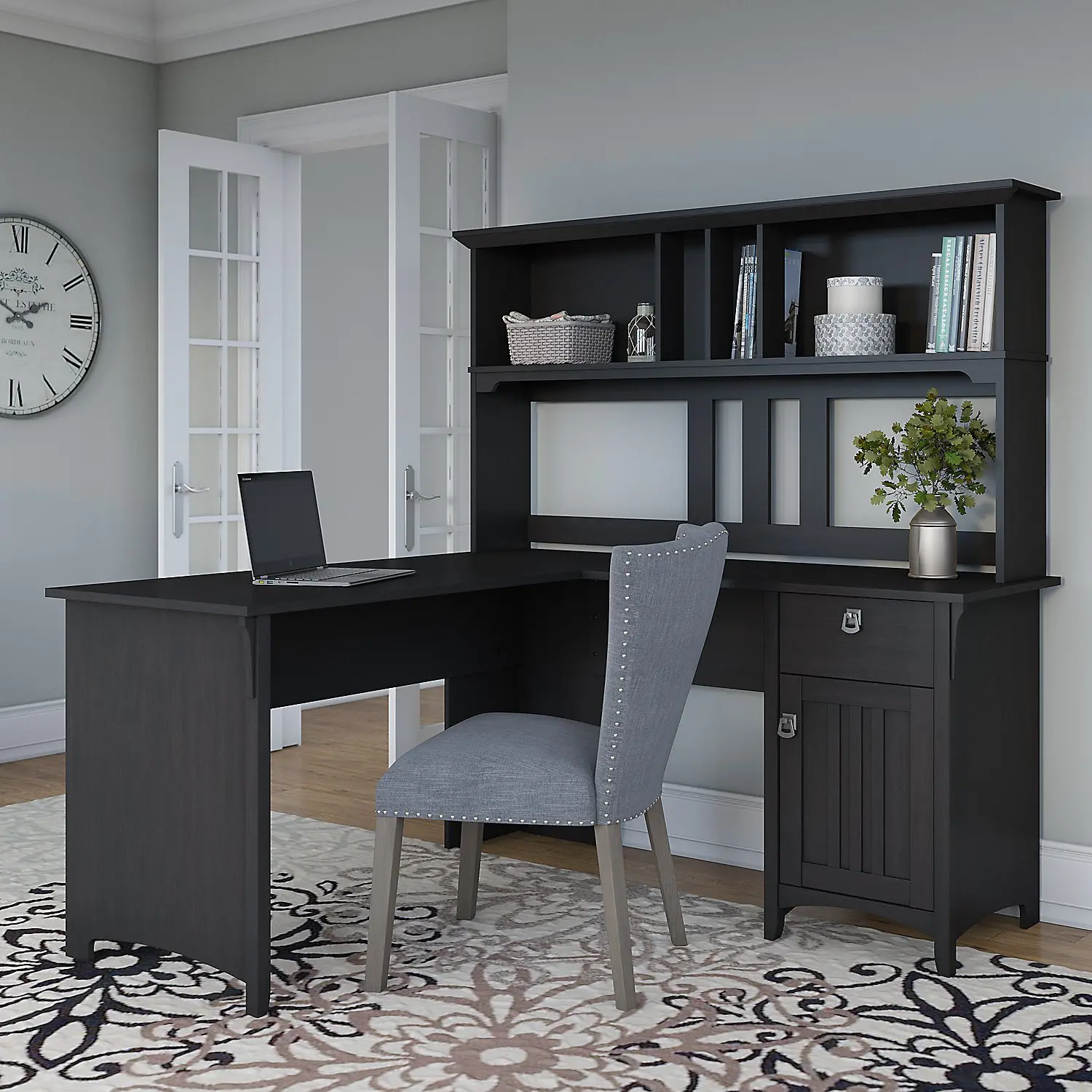 SAL004VB Salinas Vintage Black L Shaped Pedestal Desk with Hutch-2