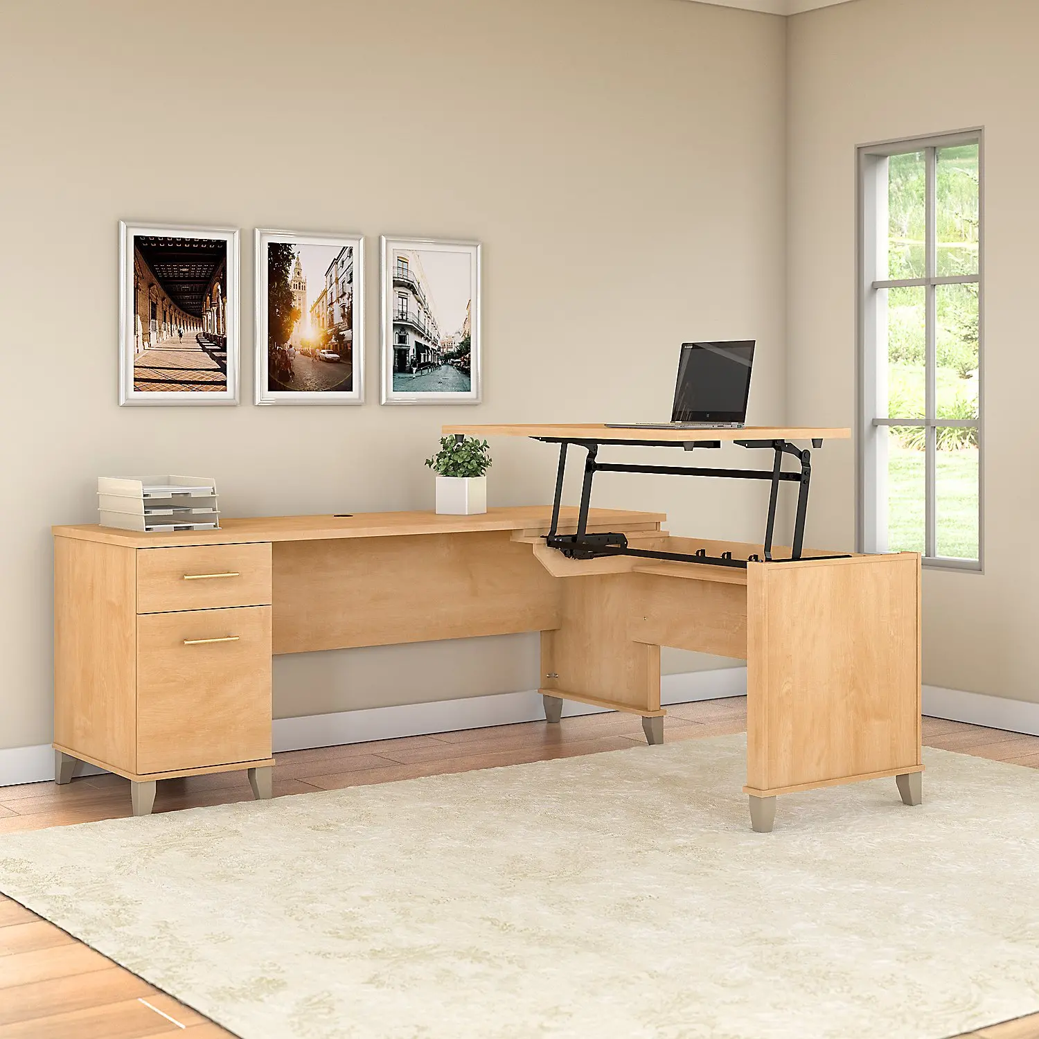 SET014MC Maple Cross 3 Position Sit to Stand L Shaped Desk - Somerset-1