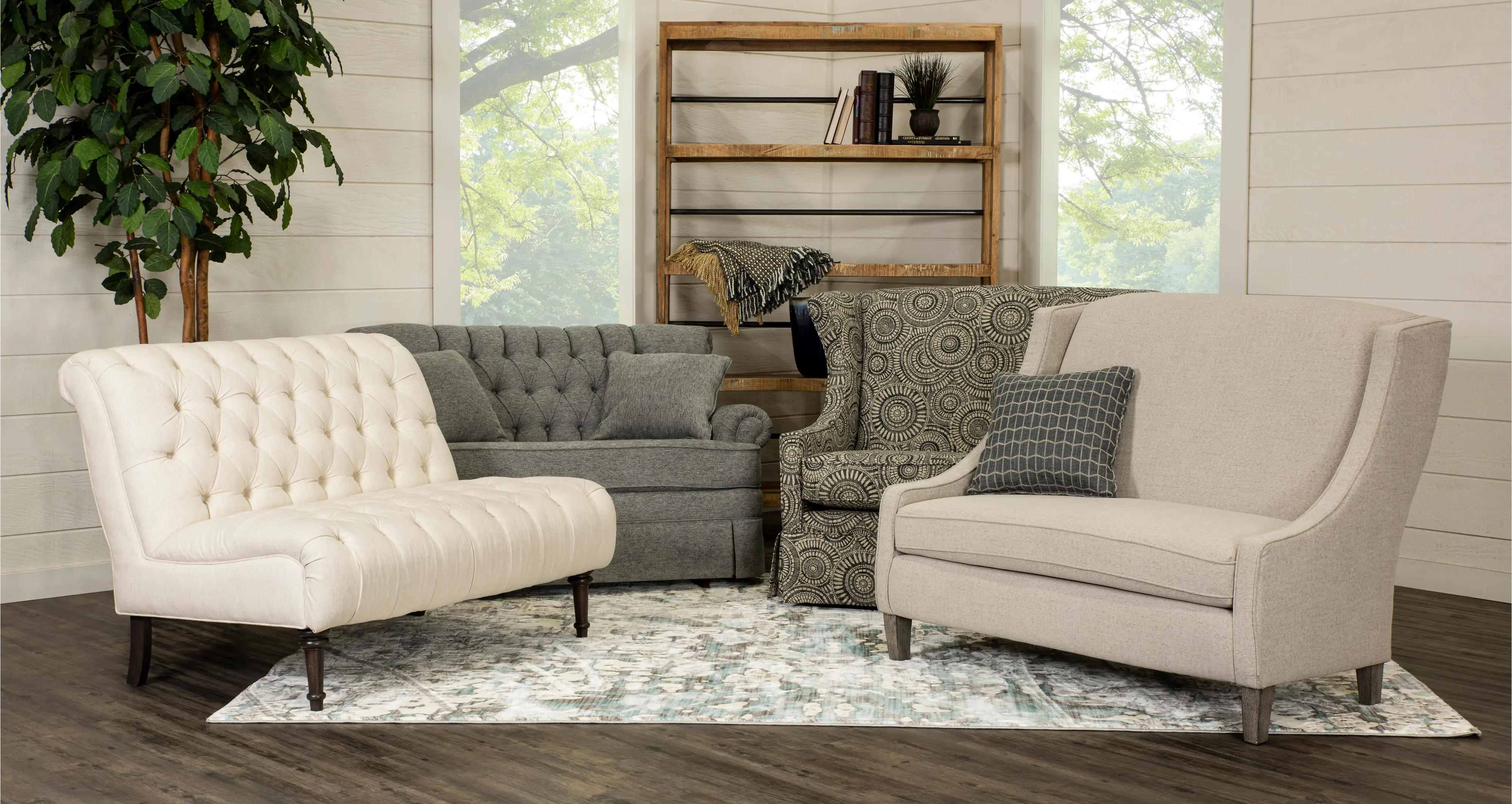 Cream Button-Tufted Settee with Throw Pillows - Paula Deen-2