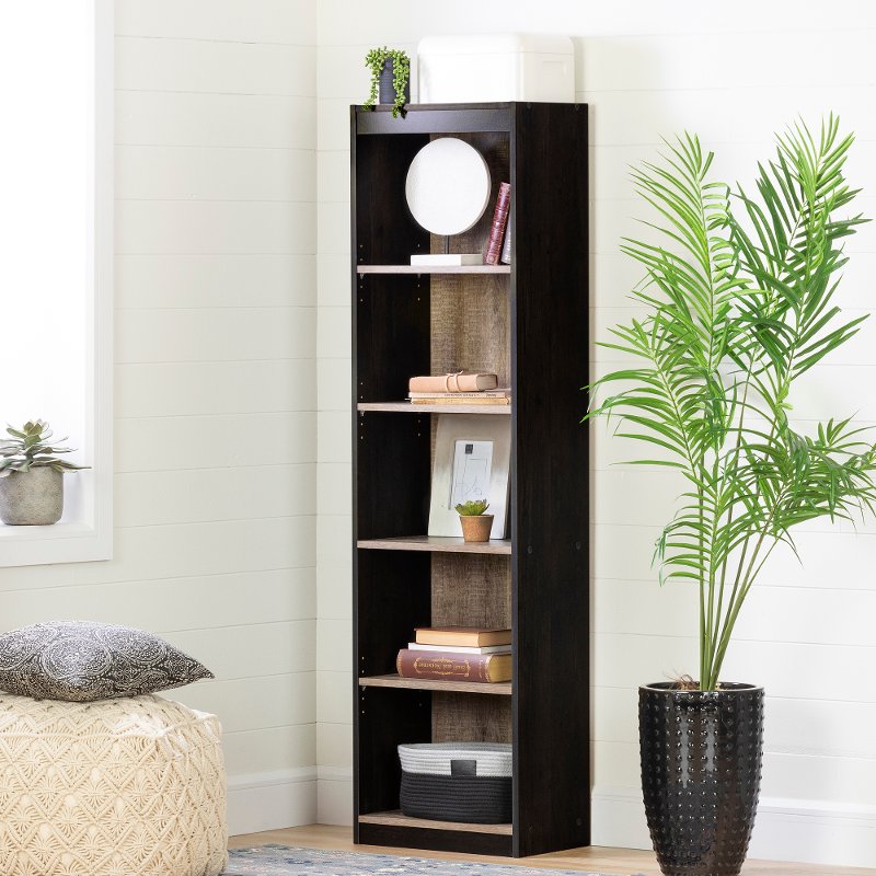 Weathered Oak And Ebony 5 Shelf Narrow Bookcase Axess Rc