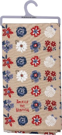 Red, White and Blue Floral America The Beautiful Tan Dish Towel