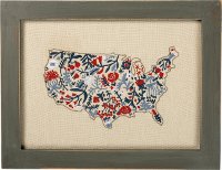 Stitched Red, White and Blue Floral Map Framed Wall Decor