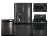 KIT GE 4 Piece Electric Kitchen Package with French Door Refrigerator - Black Stainless Steel