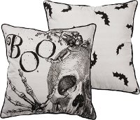 Cream and Black Boo, Skeleton and Bat Throw Pillow