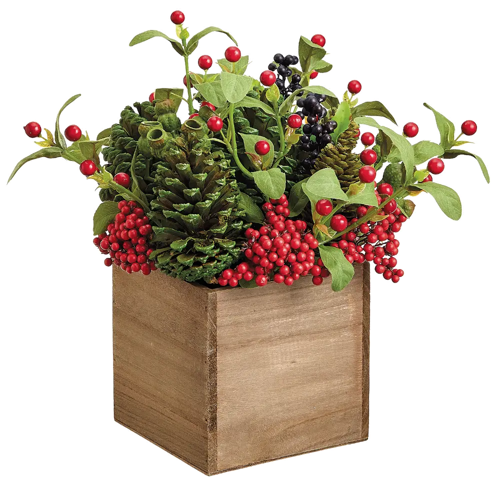 12 Inch Red Berry and Green Pine Cone Arrangement Box-1
