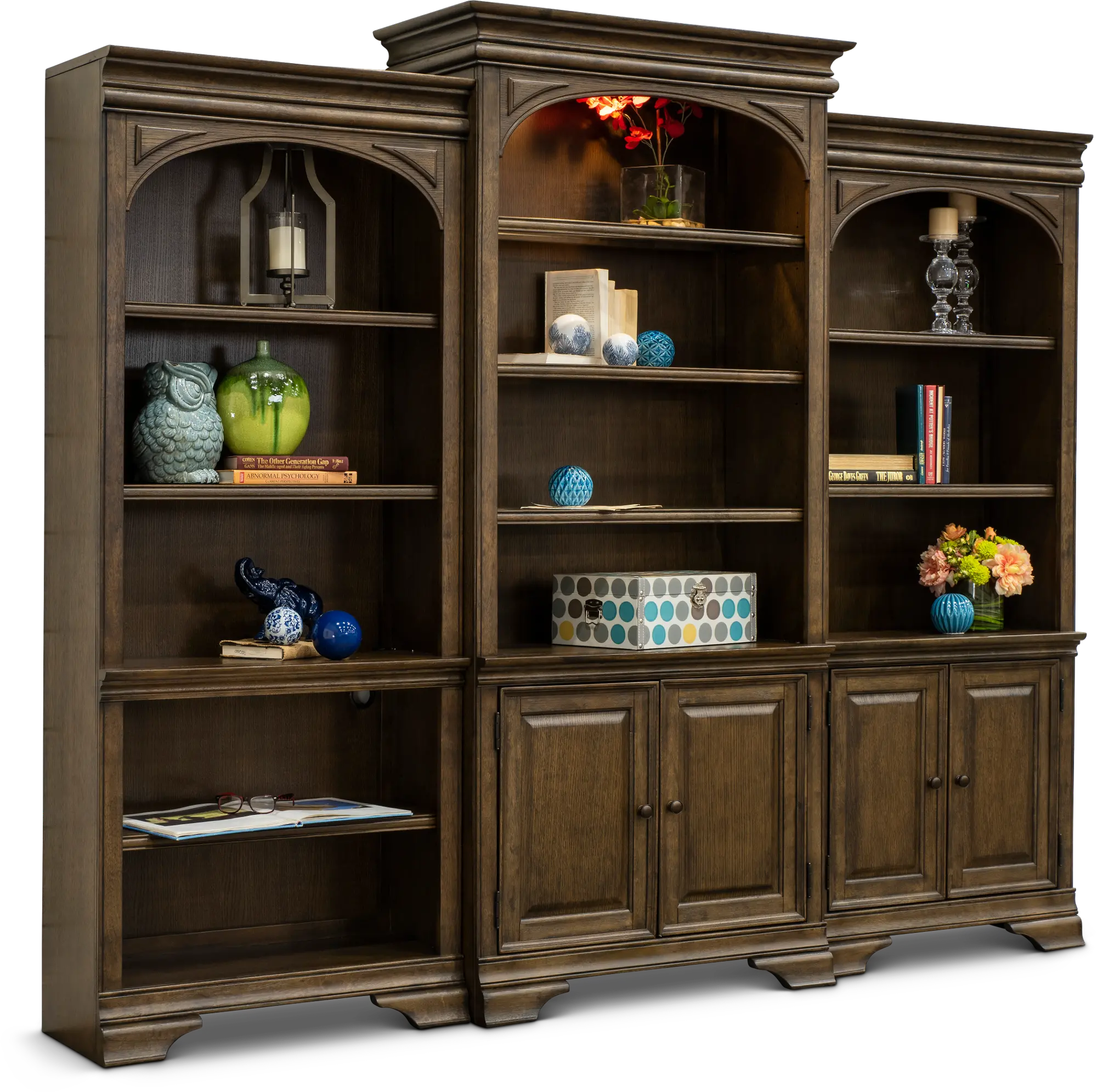 Arcadia Chestnut Brown Bookcase Wall with Doors-6