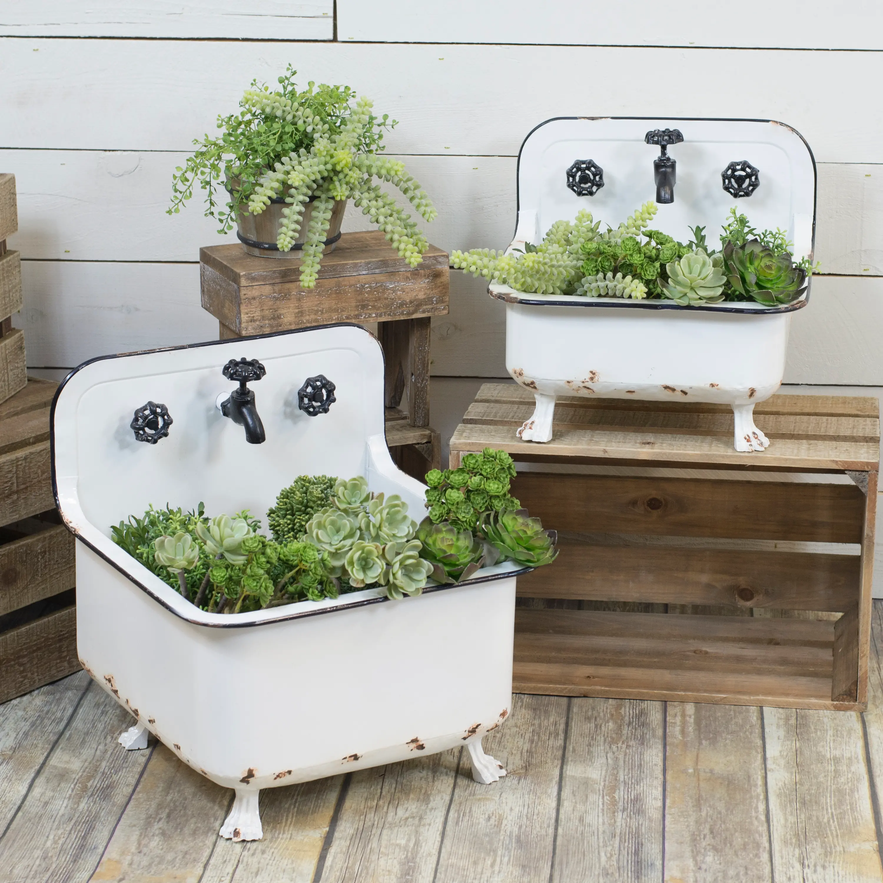17 Inch Distressed White Metal Wash Bin Planter-1