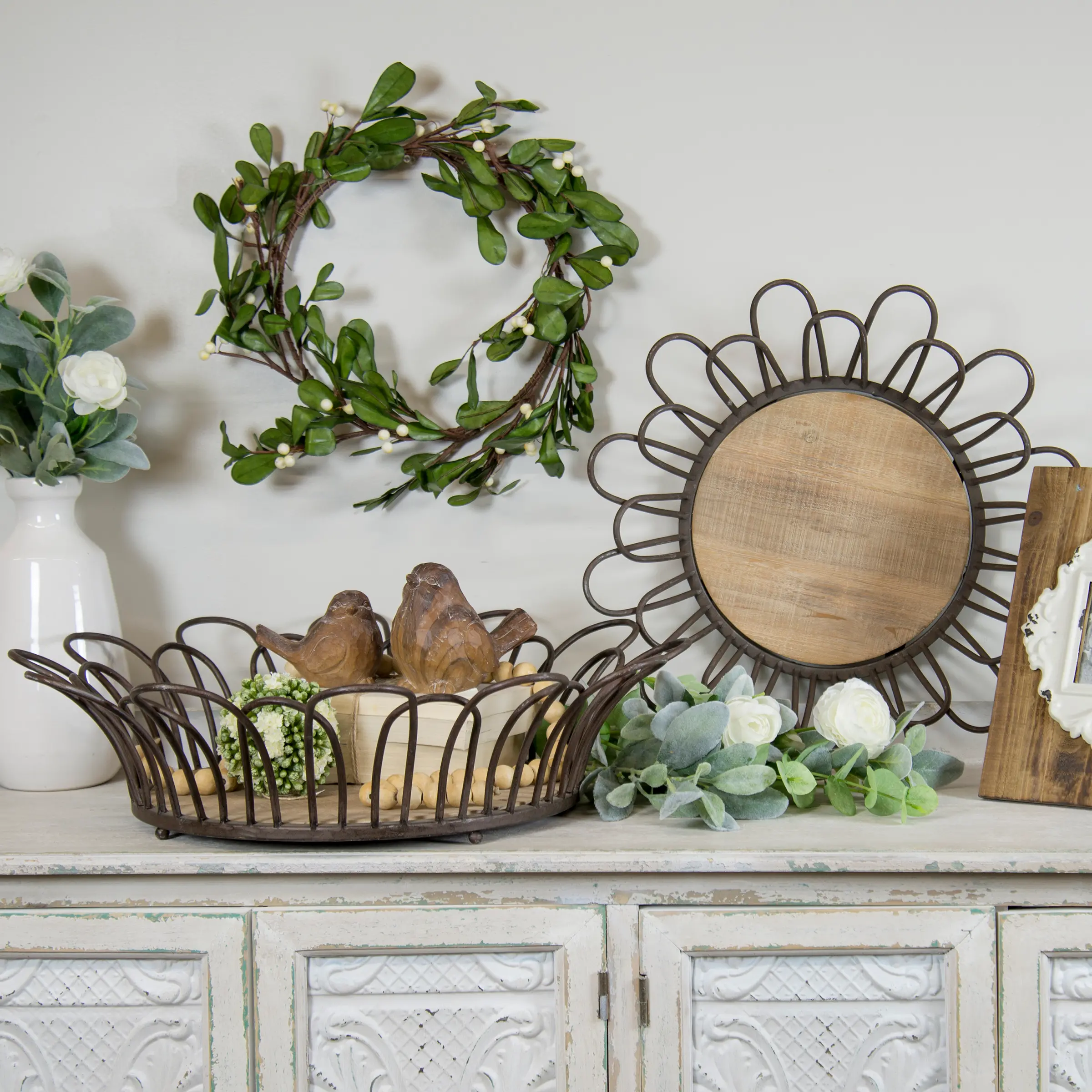 Round 18 Inch Brown Wood and Metal Tray-1