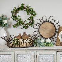 Round 18 Inch Brown Wood and Metal Tray