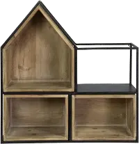 Black Metal and Wood Cubby Wall Shelf