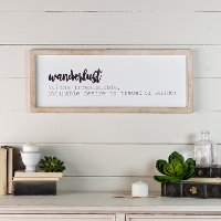 White and Black Wanderlust Sign with Natural Wood Frame