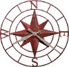Distressed Antique Red Metal Wall Clock - Compass Rose