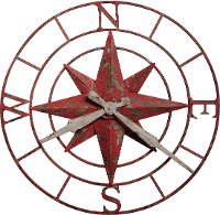 Distressed Antique Red Metal Wall Clock - Compass Rose