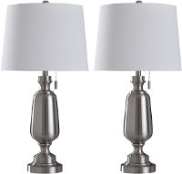 Brushed Steel Pair of Table Lamps with Pull Chains