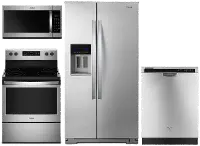 KIT Whirlpool 4 Piece Electric Kitchen Appliance Package with Counter Depth Side by Side Refrigerator - Stainless Steel