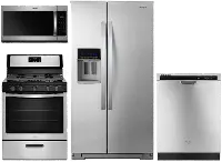 KIT Whirlpool 4 Piece Gas Kitchen Appliance Package with Counter Depth Side by Side Refrigerator - Stainless Steel