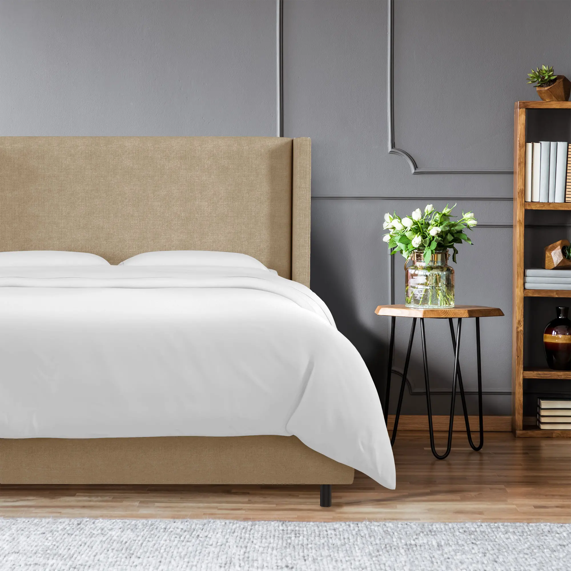 500BEDLNNSND Contemporary Beige Twin Upholstered Wingback Bed-1