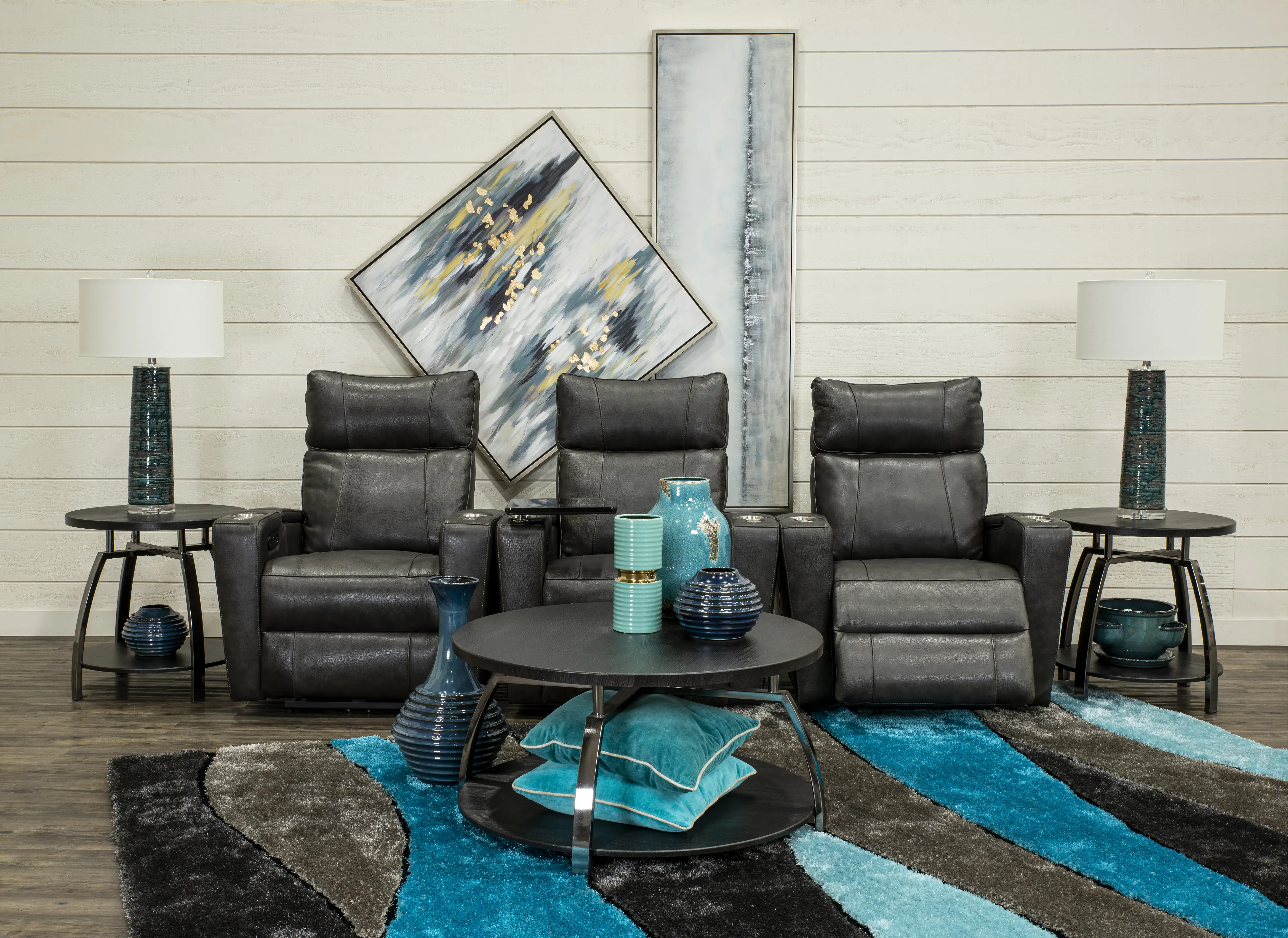 Carter Steel Gray Leather-Match 3 Piece Power Home Theater Seating-2