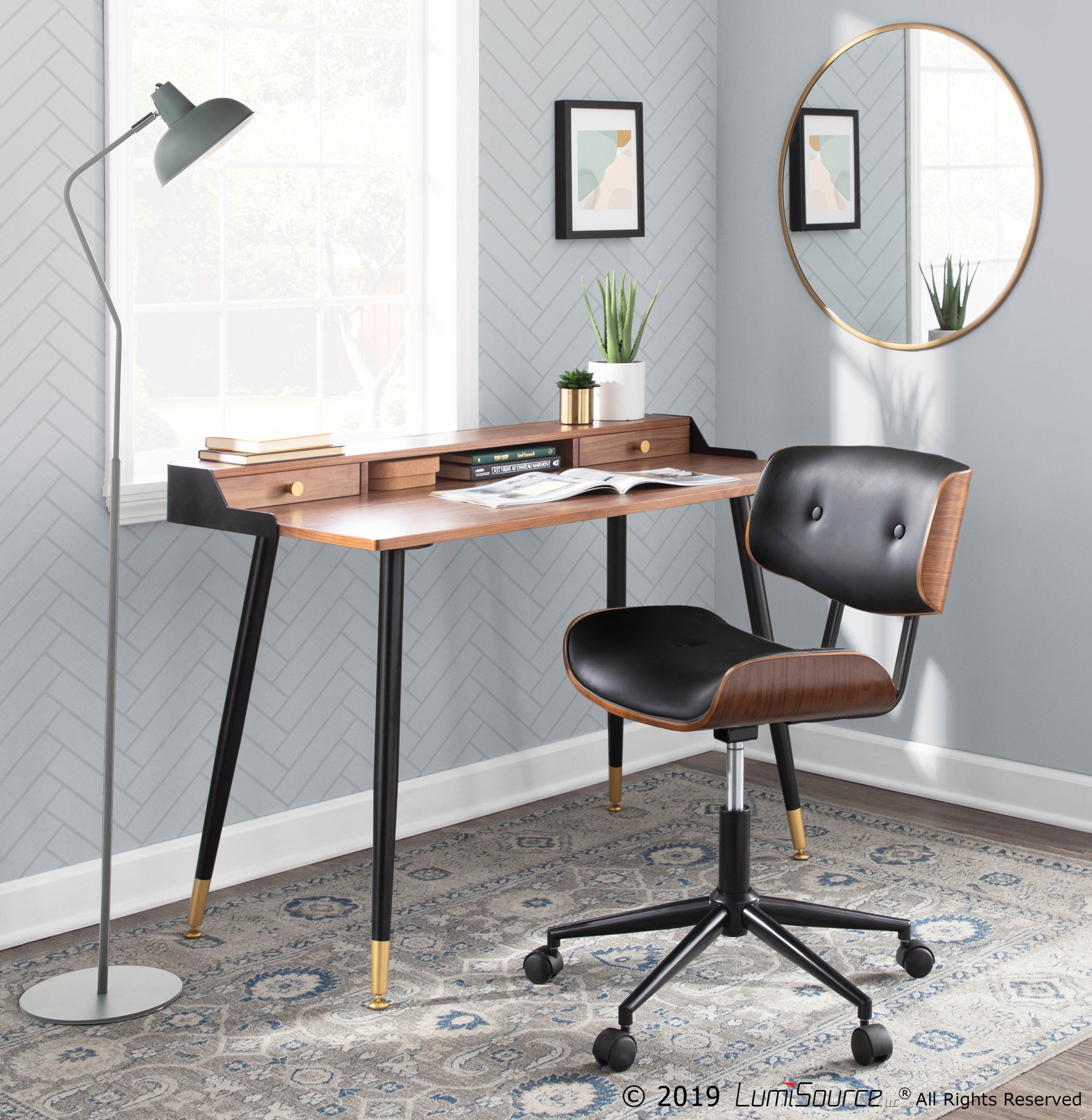 OC-JY-LMB-WL+BK Mid-Century Walnut and Black Office Chair with Swivel-4